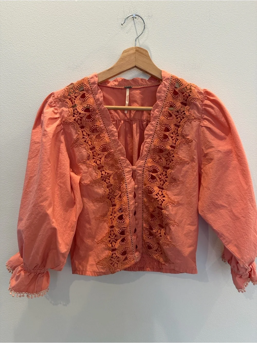 Free People Pink Peach Lace Cutout Button Front Blouse Top Small Boho Festival